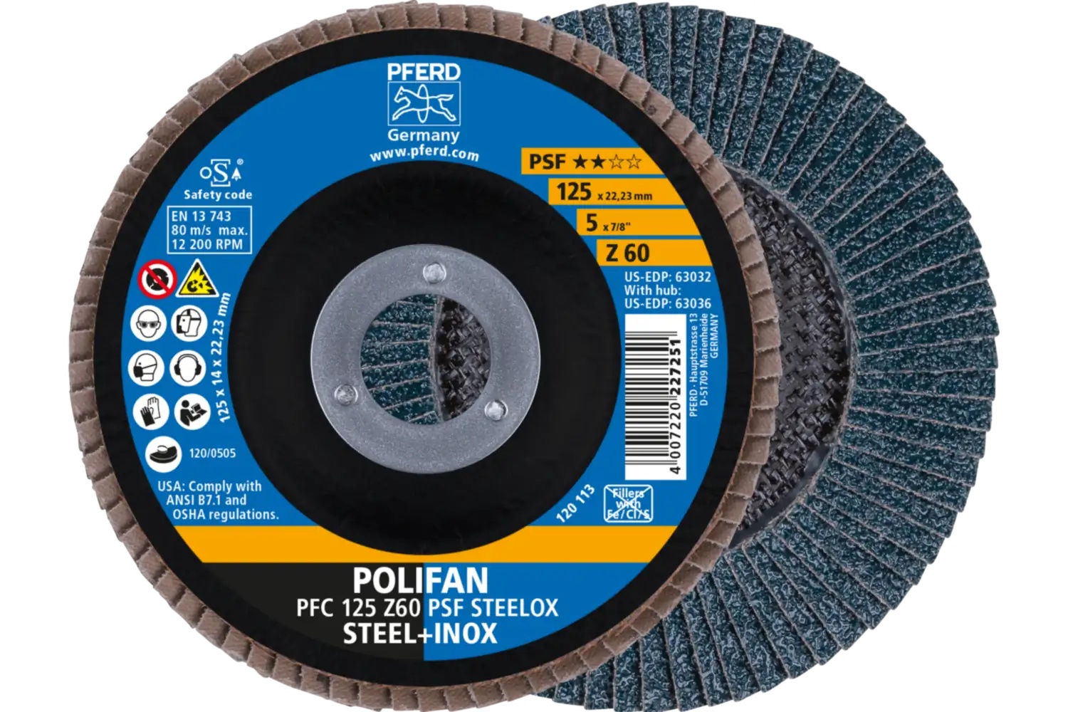 Picture of Pferd Flap Disc, 5" x 7/8, Z PSF Steelox, 60 Grit, T29, Conical, Zirconia